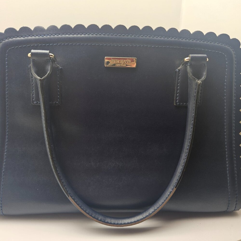 Kate Spade Marguerite Lilac Road Fabric Tote Natural Midnight Navy Blue Leather